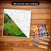 Malen nach Zahlen Fußballspiel in den Bergen – Set bereit zum Loslegen auf dem Tisch