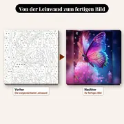 Malen nach Zahlen leuchtender Schmetterling auf einer rosa Blume – vorher und nachher: vorgezeichnete Leinwand und fertiges Gemälde