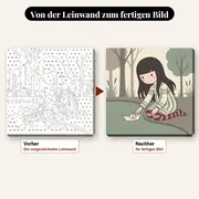 Malen nach Zahlen Gorjuss Mädchen und Papierschiff – vorher und nachher: vorgezeichnete Leinwand und fertiges Gemälde