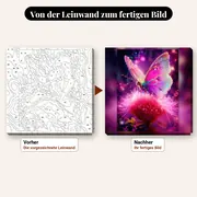 Malen nach Zahlen Schmetterling auf rosa Blume, nächtlicher Hintergrund – vorher und nachher: vorgezeichnete Leinwand und fertiges Gemälde