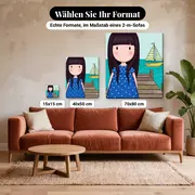 Malen nach Zahlen Gorjuss Mädchen im blauen Kleid mit Punkten – verfügbare Formate im Größenvergleich zu einem Sofa