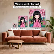 Malen nach Zahlen Gorjuss unter blühenden Kirschbäumen – verfügbare Formate im Größenvergleich zu einem Sofa