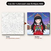 Malen nach Zahlen Gorjuss Mädchen mit Weihnachtsgeschenken – vorher und nachher: vorgezeichnete Leinwand und fertiges Gemälde