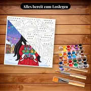 Malen nach Zahlen Gorjuss Mädchen mit Weihnachtsgeschenken – Set bereit zum Loslegen auf dem Tisch