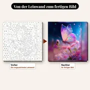Malen nach Zahlen Schmetterling und rosa Blumen – vorher und nachher: vorgezeichnete Leinwand und fertiges Gemälde