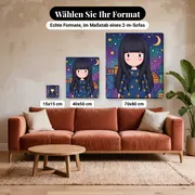 Malen nach Zahlen Gorjuss Puppe unter einem Sternenhimmel – verfügbare Formate im Größenvergleich zu einem Sofa