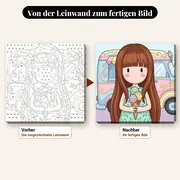 Malen nach Zahlen Gorjuss Mädchen mit Eistüte – vorher und nachher: vorgezeichnete Leinwand und fertiges Gemälde