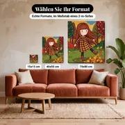 Malen nach Zahlen Gorjuss Mädchen mit roten Haaren im Herbst – verfügbare Formate im Größenvergleich zu einem Sofa