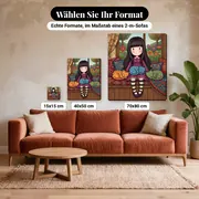 Malen nach Zahlen Gorjuss Mädchen und drei Katzen auf dem Sofa – verfügbare Formate im Größenvergleich zu einem Sofa