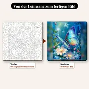 Malen nach Zahlen blauer Schmetterling und weiße Blumen – vorher und nachher: vorgezeichnete Leinwand und fertiges Gemälde