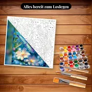 Malen nach Zahlen blauer Schmetterling und weiße Blumen – Set bereit zum Loslegen auf dem Tisch
