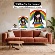 Malen nach Zahlen Gorjuss Mädchen auf einer Regenbogenwolke – verfügbare Formate im Größenvergleich zu einem Sofa