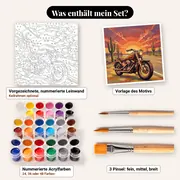Malen nach Zahlen Vintage-Motorrad in der Wüste – Set-Inhalt: vorgezeichnete Leinwand, Farben, Pinsel
