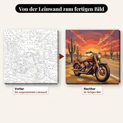 Malen nach Zahlen Vintage-Motorrad in der Wüste – vorher und nachher: vorgezeichnete Leinwand und fertiges Gemälde