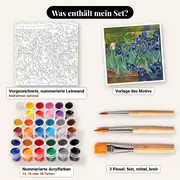 Malen nach Zahlen Die Schwertlilien von Van Gogh – Set-Inhalt: vorgezeichnete Leinwand, Farben, Pinsel