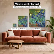 Malen nach Zahlen Die Schwertlilien von Van Gogh – verfügbare Formate im Größenvergleich zu einem Sofa