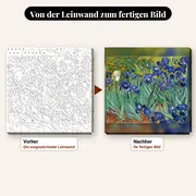 Malen nach Zahlen Die Schwertlilien von Van Gogh – vorher und nachher: vorgezeichnete Leinwand und fertiges Gemälde