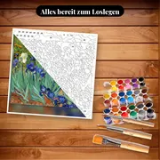 Malen nach Zahlen Die Schwertlilien von Van Gogh – Set bereit zum Loslegen auf dem Tisch