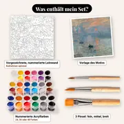 Malen nach Zahlen Impression, Sonnenaufgang von Monet – Set-Inhalt: vorgezeichnete Leinwand, Farben, Pinsel