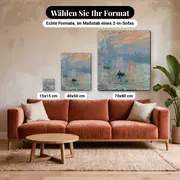 Malen nach Zahlen Impression, Sonnenaufgang von Monet – verfügbare Formate im Größenvergleich zu einem Sofa