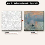 Malen nach Zahlen Impression, Sonnenaufgang von Monet – vorher und nachher: vorgezeichnete Leinwand und fertiges Gemälde