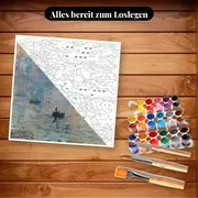 Malen nach Zahlen Impression, Sonnenaufgang von Monet – Set bereit zum Loslegen auf dem Tisch