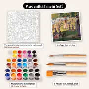 Malen nach Zahlen berühmte Gemälde: Sonntagnachmittag auf La Grande Jatte – Set-Inhalt: vorgezeichnete Leinwand, Farben, Pinsel