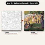 Malen nach Zahlen berühmte Gemälde: Sonntagnachmittag auf La Grande Jatte – vorher und nachher: vorgezeichnete Leinwand und fertiges Gemälde