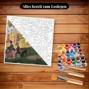 Malen nach Zahlen berühmte Gemälde: Sonntagnachmittag auf La Grande Jatte – Set bereit zum Loslegen auf dem Tisch