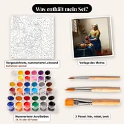 Malen nach Zahlen Die Milchmagd von Vermeer – Set-Inhalt: vorgezeichnete Leinwand, Farben, Pinsel