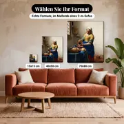 Malen nach Zahlen Die Milchmagd von Vermeer – verfügbare Formate im Größenvergleich zu einem Sofa