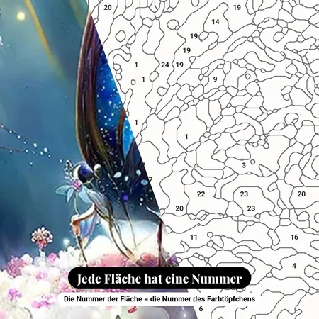Malen nach Zahlen blauer Schmetterling und weiße Blume – nummerierte Leinwand zum Malen
