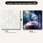 Malen nach Zahlen blauer Schmetterling und weiße Blume – vorher und nachher: vorgezeichnete Leinwand und fertiges Gemälde