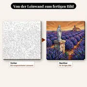 Malen nach Zahlen Jungfrau Maria in einem Lavendelfeld – vorher und nachher: vorgezeichnete Leinwand und fertiges Gemälde