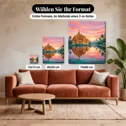 Malen nach Zahlen thailändischer Tempel bei Sonnenuntergang – verfügbare Formate im Größenvergleich zu einem Sofa