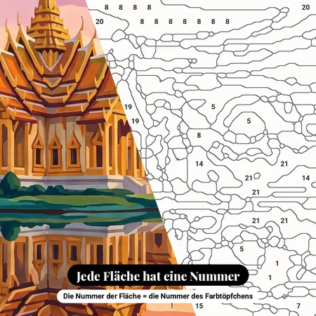 Malen nach Zahlen thailändischer Tempel bei Sonnenuntergang – nummerierte Leinwand zum Malen