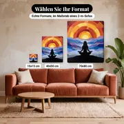 Malen nach Zahlen meditierende Silhouette bei Sonnenuntergang – verfügbare Formate im Größenvergleich zu einem Sofa