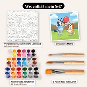 Malen nach Zahlen Bluey und Bingo spielen mit dem roten Ball – Set-Inhalt: vorgezeichnete Leinwand, Farben, Pinsel