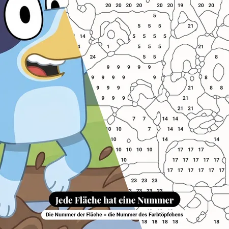 Malen nach Zahlen Bluey und Bingo springen im Matsch – nummerierte Leinwand zum Malen
