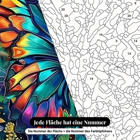 Malen nach Zahlen bunter Schmetterling im türkisfarbenen Unterholz – nummerierte Leinwand zum Malen