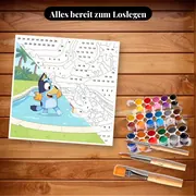 Malen nach Zahlen Bluey und Bingo im Schwimmbad – Set bereit zum Loslegen auf dem Tisch