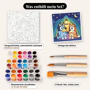 Malen nach Zahlen Bluey und Bingo unter den Sternen – Set-Inhalt: vorgezeichnete Leinwand, Farben, Pinsel