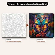 Malen nach Zahlen bunter Schmetterling auf dunklem Hintergrund – vorher und nachher: vorgezeichnete Leinwand und fertiges Gemälde