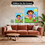 Malen nach Zahlen Dora und Boots mit einer Schatzkarte – verfügbare Formate im Größenvergleich zu einem Sofa