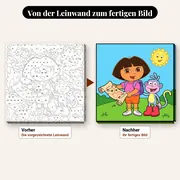 Malen nach Zahlen Dora und Boots mit einer Schatzkarte – vorher und nachher: vorgezeichnete Leinwand und fertiges Gemälde