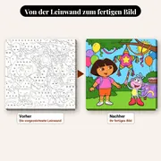 Malen nach Zahlen Dora und Boots vor einer Piñata – vorher und nachher: vorgezeichnete Leinwand und fertiges Gemälde