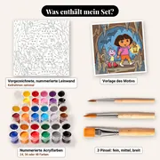 Malen nach Zahlen Dora und Boots in einer Höhle – Set-Inhalt: vorgezeichnete Leinwand, Farben, Pinsel