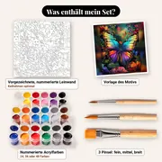 Malen nach Zahlen bunter Schmetterling in dunkler Stimmung – Set-Inhalt: vorgezeichnete Leinwand, Farben, Pinsel