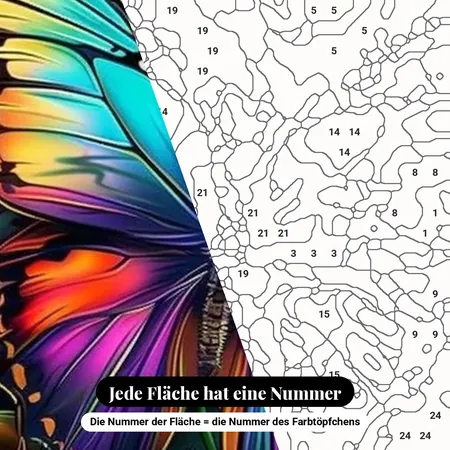 Malen nach Zahlen bunter Schmetterling in dunkler Stimmung – nummerierte Leinwand zum Malen