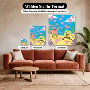 Malen nach Zahlen SpongeBob Schwammkopf und Patrick jagen Quallen – verfügbare Formate im Größenvergleich zu einem Sofa